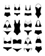 Vector Illustration Set Of Silhouettes Of Modern Swimsuits And Women S Underwear On White Background. Bikini Set For Girls.