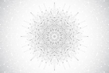 Geometric Abstract Mandala With Connected Line And Dots. Graphic Composition For Medicine, Science, Technology, Chemistry. Molecule, Communication Background, Illustration.