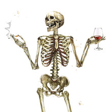 Human Skeleton Holding Cigarette And Wine. Watercolor Illustration.