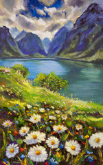 Sticker - Oil painting summer field of white daisies floers on background blue turquoise river see, great blue mountains landscape, sun bright clouds sky nature floral artwork modern floral