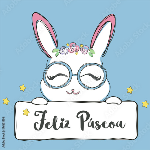 Feliz Pascoa Is Happy Easter In Portuguese Happy Cute Bunny Hand Drawn Style Vector Stock Vector Adobe Stock