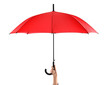 Woman holding stylish red umbrella on white background