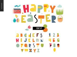 Wall Mural - Kids flat alphabet set - Happy easter latin font - letters and digits