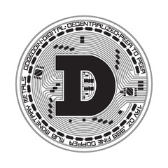 Crypto currency black coin with black dogecoin symbol on obverse isolated on white background. Vector illustration. Use for logos, print products, page and web decor or other design.