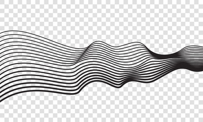 Wave lines optical abstract optical art background. Vector isolated thread black wavy lines floating in motion on transparent background