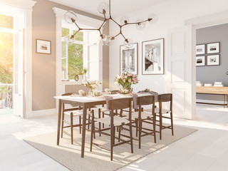 Wall Mural - modern nordic dining room in loft apartment. 3D rendering