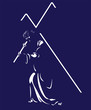 Jesus carrying a cross, a simple stylized vector illustration on a dark purple background. 