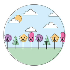 Wall Mural - landscape natural trees and clouds with geometrical shape round design vector illustration