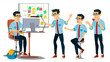 © PikePicture - Business Man Character Vector. Working Asian, Man. Team Room. Asiatic. Environment Process In Start Up Office. Programmer, Designer. Code. Javascript. Cartoon Business Character Illustration