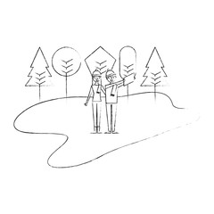 Poster - couple taking selfie in the winter landscape vector illustration