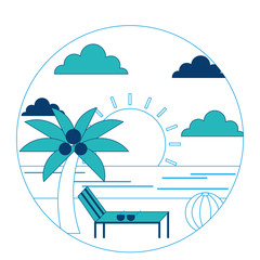 Poster - landscape summer beach sun lounger sea palm ball round design vector illustration blue and green image