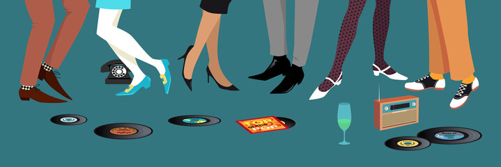 Wall Mural - Legs of people dancing and socializing at 1950s -  1960s party, vinyl records and transistor radio on the floor, EPS 8 vector illustration