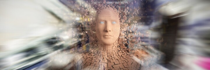 Composite image of digital image of brown pixelated 3d man
