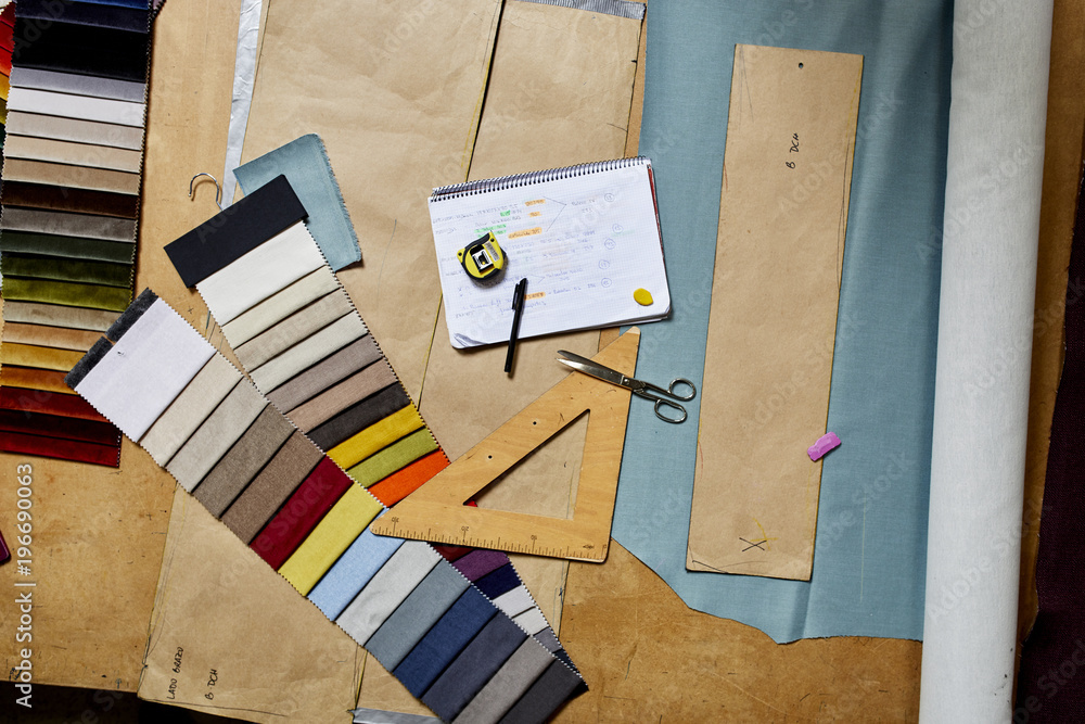 Fabric Swatches And Work Tools On Workbench At Sofa Workshop Stock ...