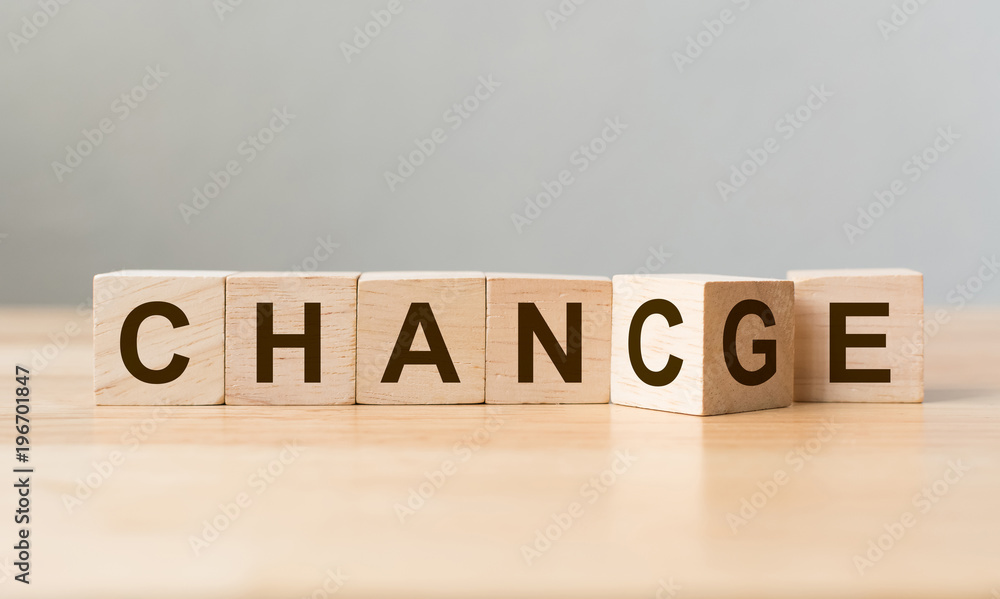 Wooden cube flip with word "change" to "chance" on wood table, Personal development and career growth or change yourself concept - obrazy, fototapety, plakaty 