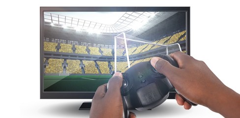 Poster - Composite image of hand of man playing video game against white