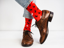 Bright, Funny Socks, Vintage, Brown Shoes And Man's Legs On A White Background. Fashion, Style, Beauty	