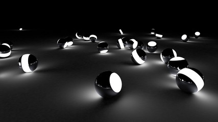 Neon balls on a black background. Abstract chaotic glowing spheres. Futuristic background. Hi-res illustration for your brochure, flyer, banner designs and other projects. 3d render illustration.