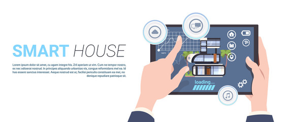Smart Home Control technology Concept With Hands Holding Digital Tablet Over Template Background Flat Vector Illustration