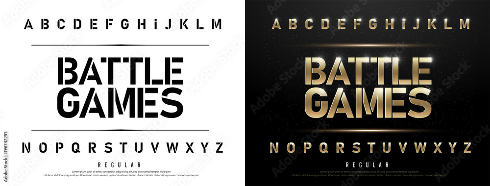Technology alphabet golden metallic and effect designs for logo, Poster. Exclusive gold Letters Typography regular font digital and sport concept. vector illustration - obrazy, fototapety, plakaty 