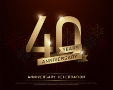 40th Years Anniversary Celebration Gold Number And Golden Ribbons With Fireworks On Dark Background. Vector Illustration