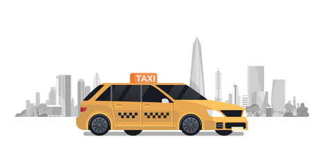 Wall Mural - Yellow Taxi Car Cab Over Silhouette City Background Flat Vector Illustration