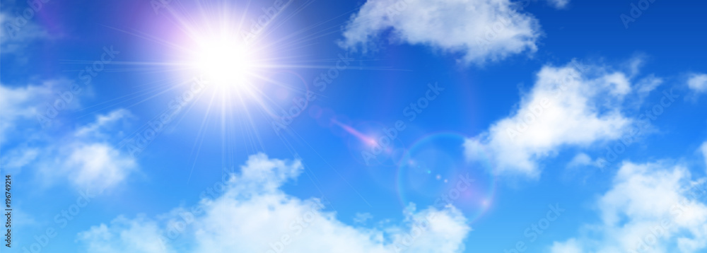 Sunny background, blue sky, clouds and sun - obrazy, fototapety, plakaty 