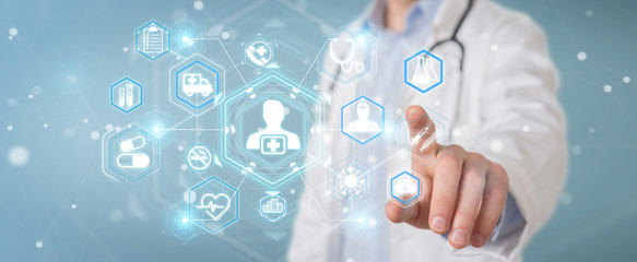 Poster - Doctor using digital medical futuristic interface 3D rendering