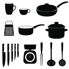  Set of icons of kitchen utensils. Black silhouettes on a white background.