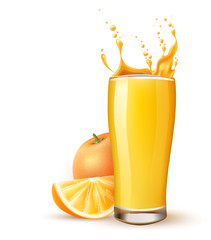 Wall Mural - Realistic orange juice glass, orange fruit slice