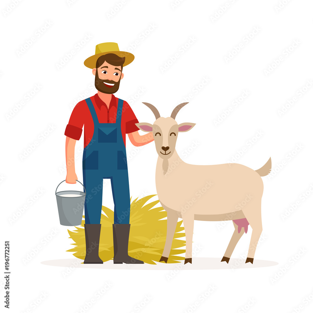 Farmer with goat and bucket with goat milk and hay. Farming concept ...