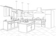 Interior sketch of kitchen room. Outline blueprint design of kitchen