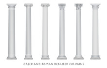Realistic Vector Ancient Greek Rome Column Capitals Set.