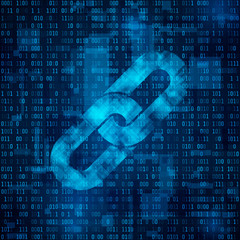 Wall Mural - Blockchain hyperlink symbol on binary code. Chain symbol on abstract blue matrix background. Number big data flow information. Cryptocurrency and blockchain business concept. Vector illustration