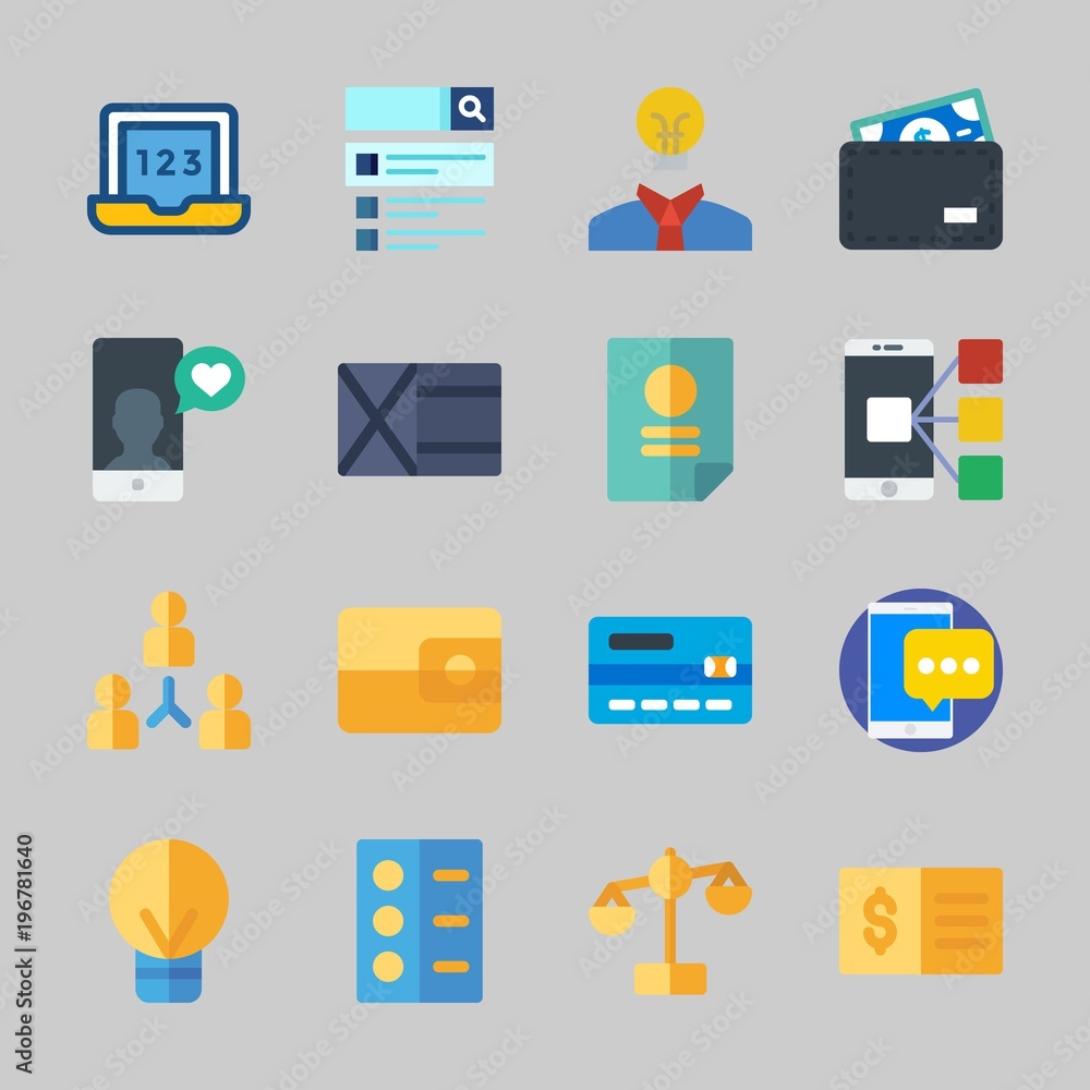 Icons about Business with credit card, laptop, agreement, balance, search and teamwork