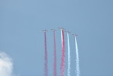 Fototapeta  - Grupa samolotów akrobacyjnych w powietrzu, leci ostro do góry zostawiając za każdym z nich biały i czerwony dym, niebieskie niebo