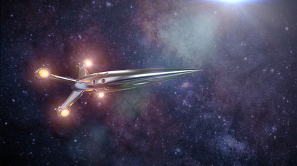 Canvas Print - spaceship in front of the stars of the milky way galaxy, rocket in deep space