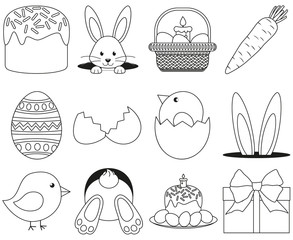 Wall Mural - Line art black and white easter icon set 12 elements.