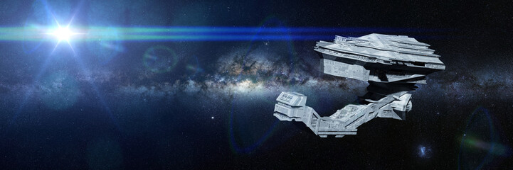Wall Mural - futuristic spaceship travelling in deep space, detailed spacecraft flying in outer space (3d science
