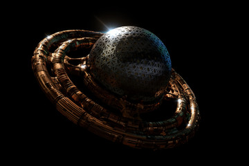 Wall Mural - ufo, alien spaceship isolated on black background, flying saucer with steampunk design (3d science f