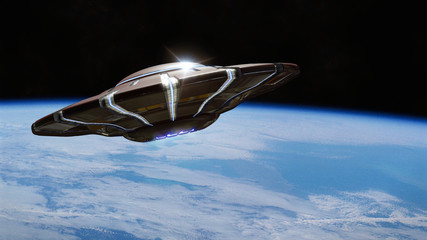 Wall Mural - ufo, alien spaceship in orbit of planet earth, extraterrestrial visitors from outer space in flying 