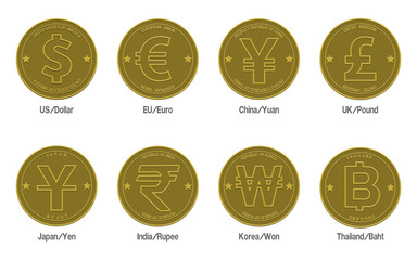 set of gold coins with the currency symbol, on transparent background
