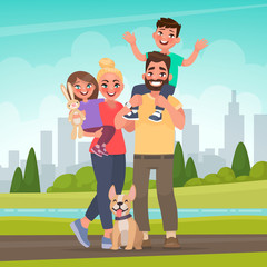 Happy family in the park. Father, mother, son and daughter together in nature. Vector illustration