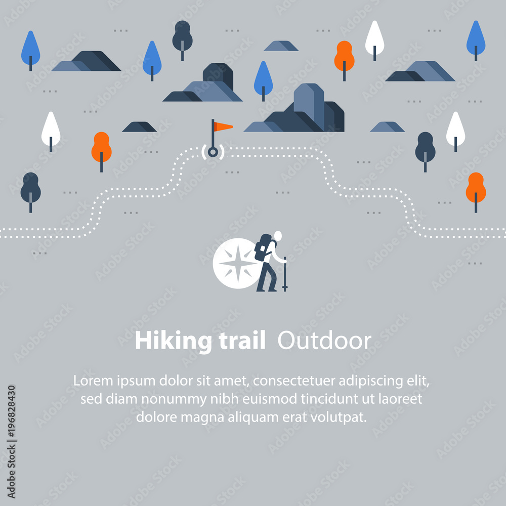 Outdoor trail, hiking map, countryside landscape, Nordic walking ...