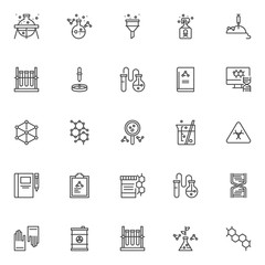 Wall Mural - Chemistry outline icons set. linear style symbols collection, line signs pack vector graphics. Set includes icons as laboratory flask with chemical fluid, funnel filter laboratory mouse with injection