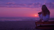© Maksim Chekmarev - Background purple sunset on the sea. A girl is sitting on a sunbed, looking at the sunset