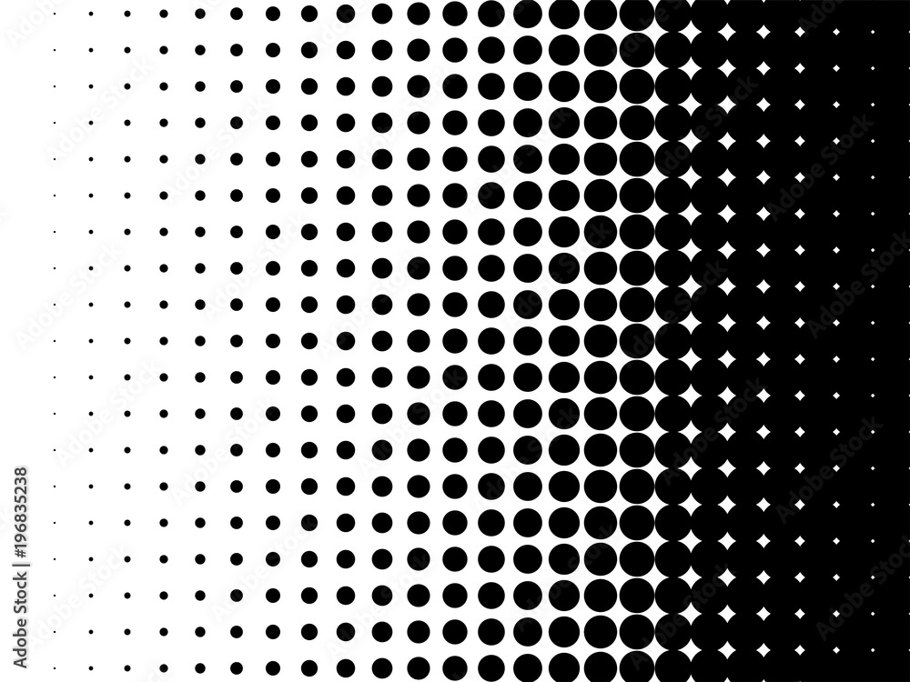 Radial halftone pattern texture. Vector black and white radial dot gradient background for retro, vintage wallpaper graphic effect. Monochrome pop art dot overlay for poster illustration