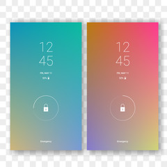 Mobile screen lock display with abstract gradient wallpaper background. Vector smartphone screenlock template or lockscreen passcode access authentication with gradient theme