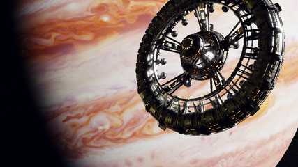 Wall Mural - huge space station in orbit of planet jupiter, space ship mission