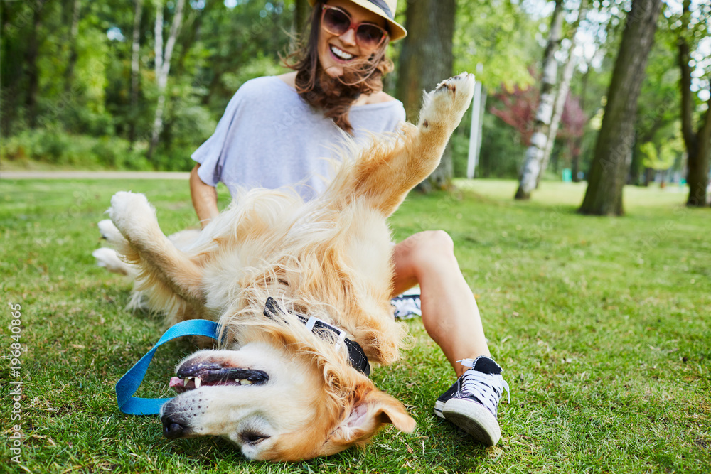 Joyful young woman playing with her dog outdoors in the park Stock ...